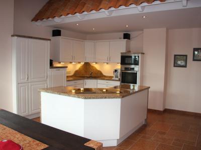 Hochschränke von links: Apothekerauszug, Kühlschrank, hochgebaute Spülmaschine / rechts: Mikrowelle & Hochbackofen